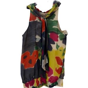NWT MATTY M Blouse 100% Silk Top Halter Red Blue Tie Colorful Sleeveless Medium
